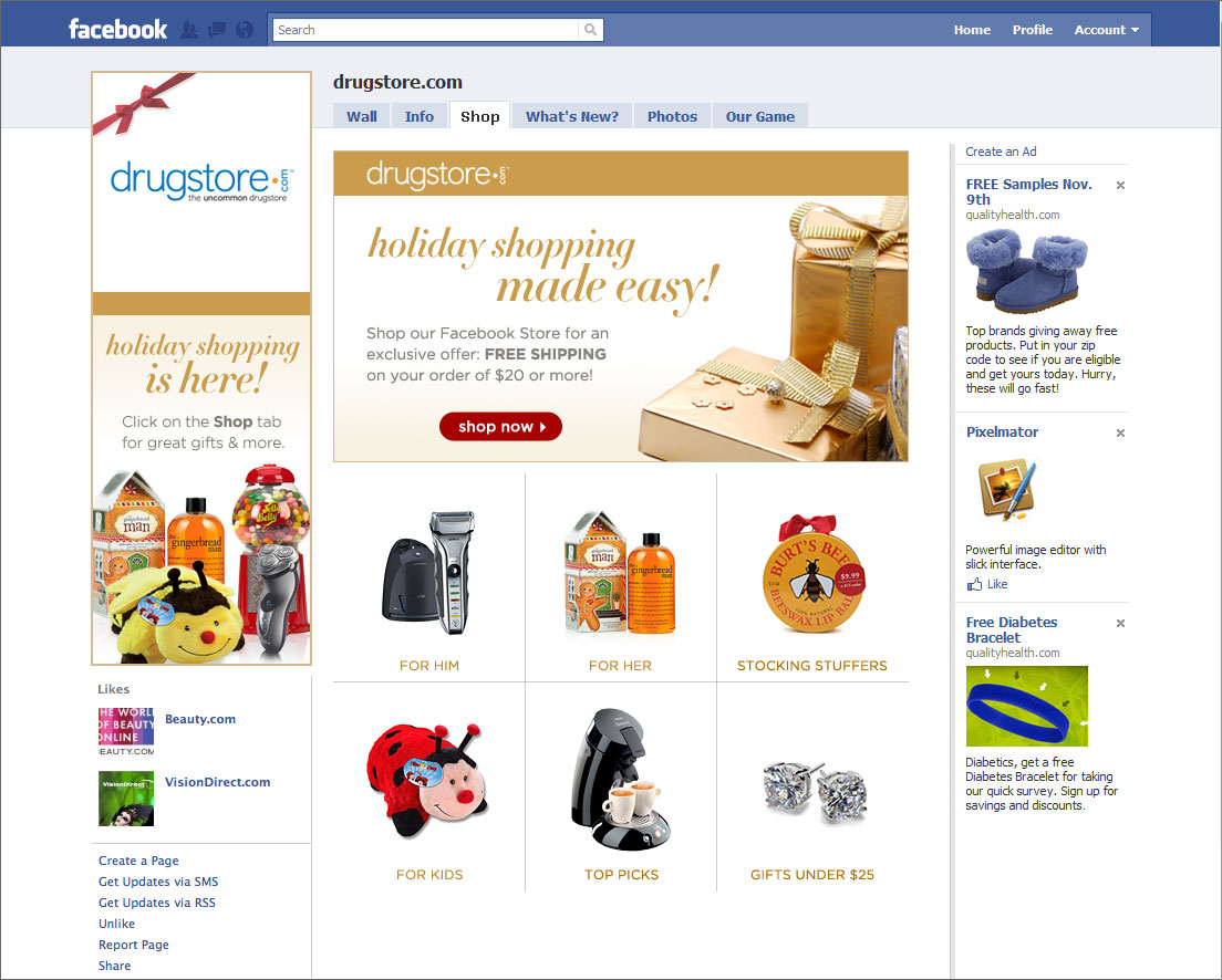 drugstore.com shopping experience on Facebook